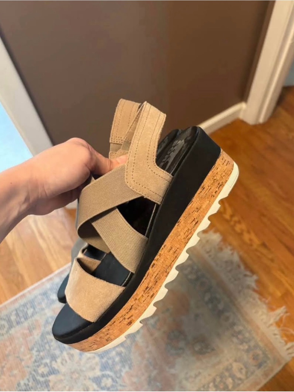 Sorel Beige Strappy Cork-Style Platform Wedge Sandal - Picture 1 of 4